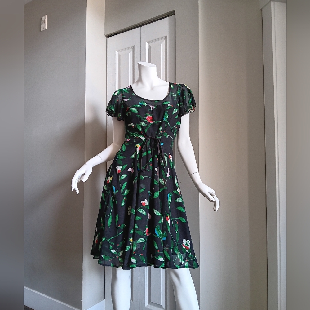 Floral Black Dress with Green and Red Accents